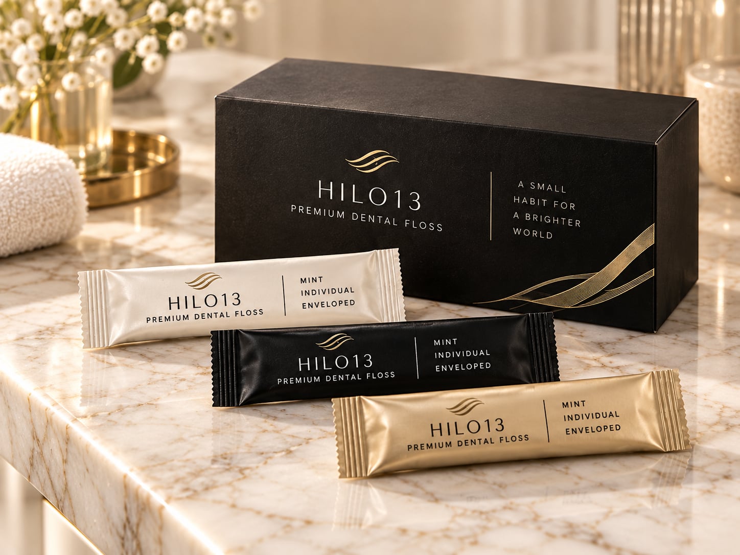 Caja HILO13 con tres sobres individuales de hilo dental (ivory, black y champagne gold) sobre mármol