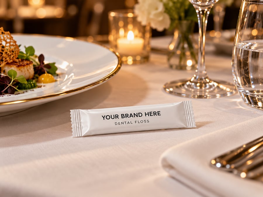 Sobre de hilo dental con marca personalizada en la mesa de un restaurante