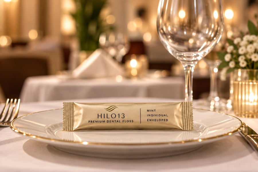 Sobre HILO13 dorado sobre el plato de un restaurante de lujo